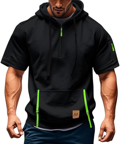 T Shirt Herren mit Kapuze Kurzarm Kapuzenpullover mits Taschen Kordelzug Sommer Kurz Hoodie Sport Tshirt Personalisierte Kapuzenshirt Freizeit Sweatshirt Atmungsaktives Sportshirt(Black,L)