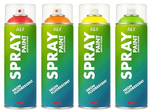 WLX Set di 4 colori spray al neon da 400 ml, colori fluorescenti ad alta visibilità ad asciugatura rapida per legno, metallo, pietra e vetro