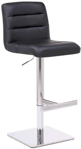 Luscious Deluxe Real Leather Breakfast Bar Stool, Chrome Footrest, Adjustable Swivel Gas Lift, Home Bar & Kitchen Barstool, Black