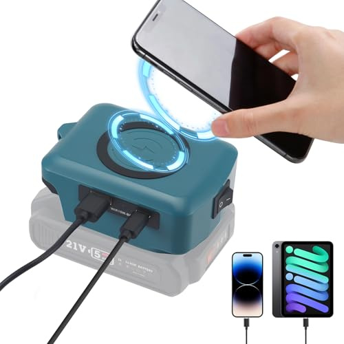 Kabelloser Ladegerät Adapter, Akku Kompatibel mit Bosch 18v, 15W Wireless USB Ladegerät Adapter mit USB und Typ-C, Handy Powerbank für Smartphones, Samsung, iPhone, Camping Reisen, Outdoor Arbeiten