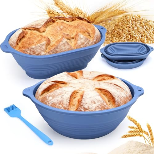 Brot Gärkorb Set: 29cm Gärkörbchen Oval + 23cm Gärkörbchen Rund + Ölpinsel | Faltbarer,mit Aufhängeloch,Verbesserte Stabilität,Brotform Silikon Brotbackform Rund and Oval