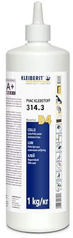 KLEIBERIT 314.3 Holzleim D4 – wasserfester PVAc-Dispersionsleim 1 kg Flasche für Fenster, Türen, Treppen, Trennwände & Massivholz – kurze Presszeiten & transparente Leimfuge