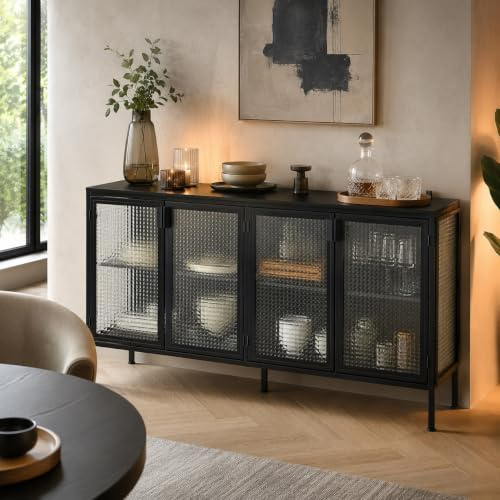 PREMTURE Sideboard 150 cm, Schrank mit 4 Türen, Strukturglas & Stauraum | Modernes Design – 4 Türen mit Strukturglas – Viel Stauraum – Stabile Konstruktion – Erhöhte Beine