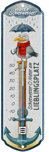 LANOLU retro Schietwetter Thermometer außen analog, maritimes Küsten Wetter Thermometer für Garten Balkon Terrasse, Deko Vintage Wandthermometer, 8x28 cm