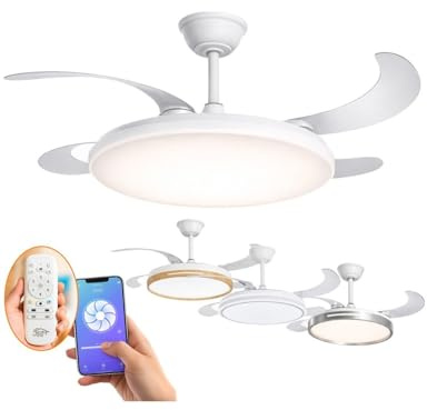 JARDIN202 - Ventilador de Techo Wifi Alexa/Google Home con Aspas Retráctiles, Motor DC, Temporizador, Luz LED Regulable, Mando a Distancia | 50 cm (Zahara Wifi Blanco)