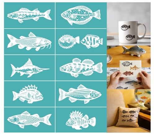 GOMAKERER 2 Blatt Fisch Siebdruckschablone Selbstklebende Siebdruckschablonen Mit Meeresfischmotiven Wiederverwendbare Netzschablone Zum Bemalen von Wänden Holz T Shirt Heimwerken