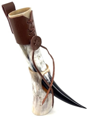HORNCRAFT Viking Drinking Horn with Stand and Leather Holder | Genuine Ox Horn | Polished Finish | 11 to 15 Inches in Length | Drinking Cup | Viking Beer Mug | Perfect for Re-Enactment