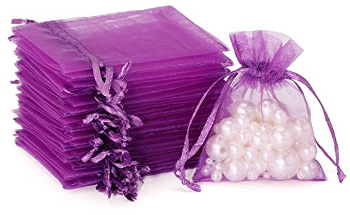 G2PLUS 100 Stück Lila Organzasäckchen, 7x9 CM Kleine Geschenk Organzabeutel, Hochzeit Organza-Beutelchen mit Kordelzug Sie als Hochzeit Bonbonsbeutel, Schmuckbeutel, Geschenkbeutel