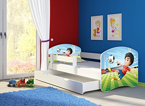 CLAMARO 'Fantasia Weiß' 160 x 80 Kinderbett Set inkl. Matratze, Lattenrost und mit Bettkasten Schublade, mit verstellbarem Rausfallschutz und Kantenschutzleisten, Design: 13 Fußballstar
