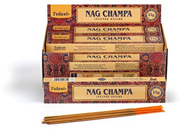 Tulasi Nag Champa, 15 palitos x 12 Paquetes, Madera de sándalo, Negro, 180 Varillas