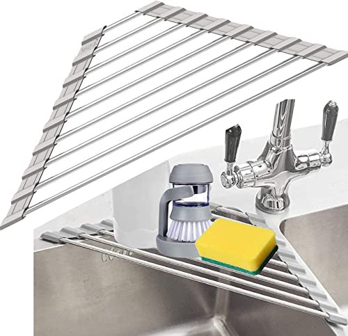 Shuyue Estante de secado de platos triangular para fregadero de esquina enrollable para secado de platos plegable acero inoxidable multiusos sobre el fregadero escurridor de platos para cocina (gris)