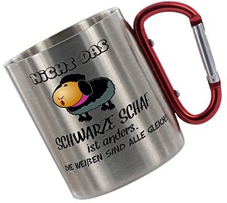 CreaLuxe Edelstahltasse mit Karabiner - Nicht das schwarze Schaf ist anders - die weißen sind alle gleich - 330ml, Tasse bedruckt, Kaffeetasse, Bürotasse, Metalltasse mit Name