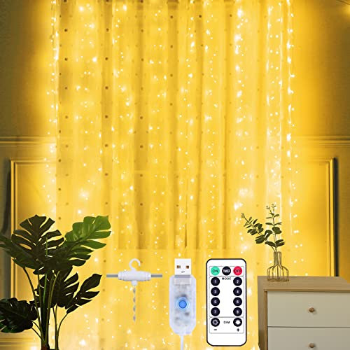 Yizhet Lichtervorhang 2x2 m LED Lichterkette LED Lichterkettenvorhang mit 10 Haken 8 Modi, IP65 Wasserdicht Deko für Innenbeleuchtung, Schlafzimmer, Weihnachten, Valentinstag (200 LEDs, Warmweiß)
