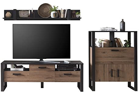 Homeface NORDINA VD Wohnkombination Set 3-Teilig Farbe: Schwarz/Braun - Wohnwand - TV Wand - Wohnzimmerwand - B/H/T: 296,0 x 178,0 x 43,1