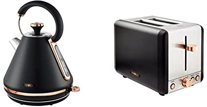 Tower T10044RG Cavaletto Pyramid Kettle with Fast Boil, Detachable Filter, 1.7 Litre, 3000 W, Black and Rose Gold & T20036RG Cavaletto 2-Slice Toaster with Defrost/Reheat, Black and Rose Gold