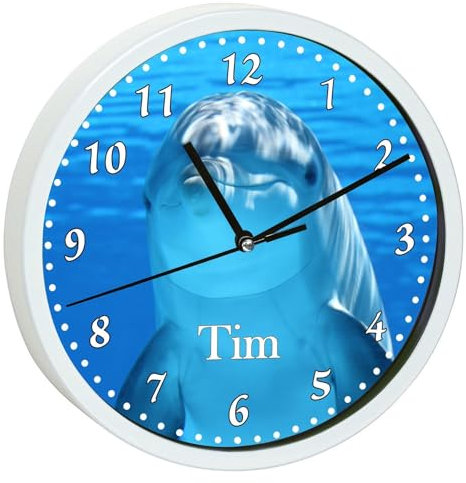 CreaDesign, Wanduhr für Kinderzimmer Delfin, Kinderuhr weiß mit Quarz Uhrwerk, personalisiert mit Name, Durchmesser 19,5 cm