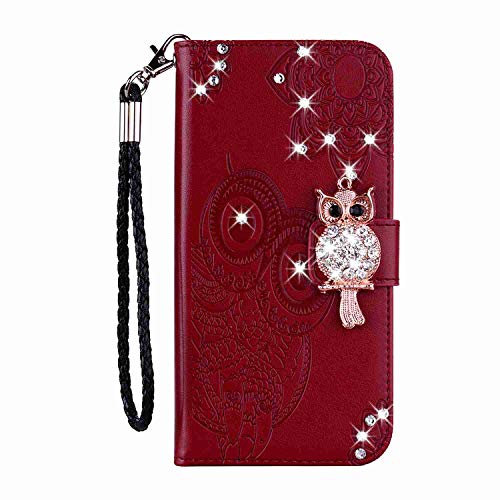Reevermap Samsung Galaxy A04S Hülle Klapphülle, Samsung Galaxy A13 4G Handyhülle Glitzer Flip Case Kredit Karten Fach Geldklammer Leder Tasche Crystal Bling Eule Schale Schutzhülle, Weinrot