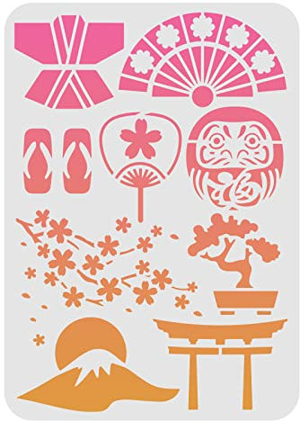 FINGERINSPIRE Japanische Element-Schablone 29,7x21cm Japanischer Schrein Hibana Faltfächer Kimono-Malschablone Kirschblütenmuster-Schablonen Schablonen zum Malen auf Holz, Boden, Wand und Fliesen