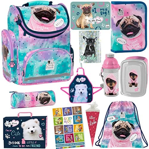 Goldkids Set 12er XXL Schulranzen Ranzen Tornister Federmappe Turnbeutel TurnsacZuckertüte Malunterlage Tagebuch Brotdose Trinkflasche Schürze Aktenmappe Stiftetasche Aufgabenheft Hund Dog Motiv