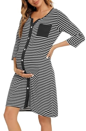 Marvmys Chemise de Nuit Allaitement Maternité 3/4 Manche Rayé Boutonnée Robe de Nuit pour Grossesse Femme Noir S