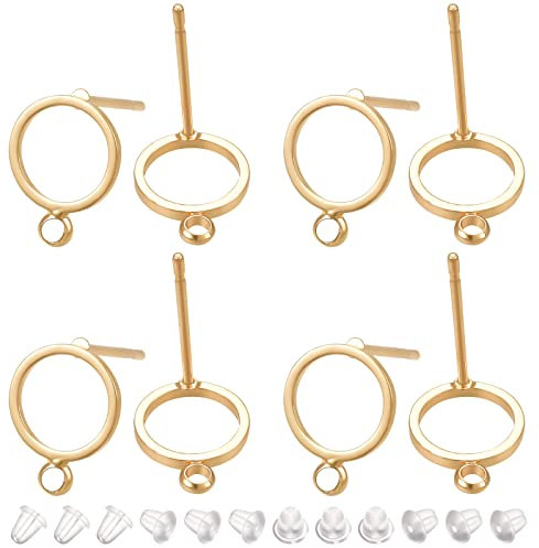 BENECREAT 20 pendientes de latón chapado en oro de 18 quilates, anillo abierto con arete de lazo, con 40 tuercas de plástico para hacer aretes, 12,5 x 10 mm