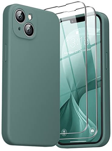 GOODVISH [3 in 1 Designed for iPhone 14, iPhone 13(6.1 regular) Liquid Silicone Case [Upgraded Camera Protection][ 2 Pack Screen Protector] Shockproof, Anti-Scratch Gel Slim Phone Cover, Pine Green