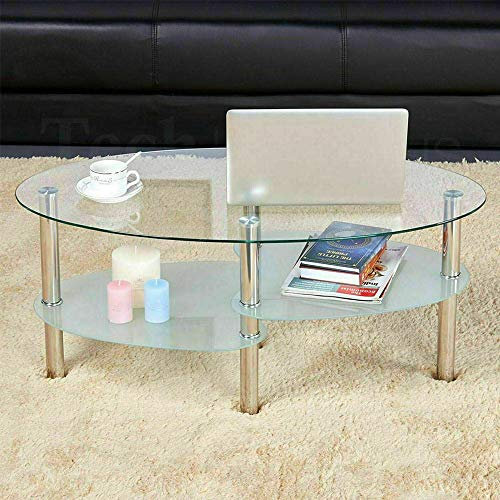 THINFAR Table basse Ainara avec porte-revues et couvercle en verre ovale, 90 x 50 cm (Transparent + Blanc)