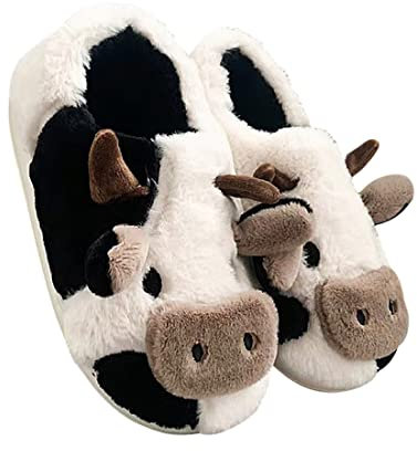 papasgix Cow Slippers Kuh Hausschuhe Unisex Flauschig Damen Herren Plüsch Tiere Pantoffeln Niedliche Cartoon Hauspantoffeln Winter Kuschelige Warme Schuhe Indoor Mädchen Frauen