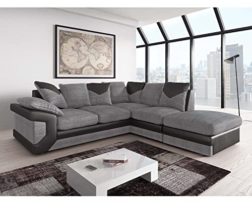 Furnishings For Less UK New Large Dino 4 to 5 Seater Corner Sofa Cord Black and Grey or Brown and Beige Left or Right Hand With FREE FOOTSTOOL (Black and Grey, Right Hand Facing)