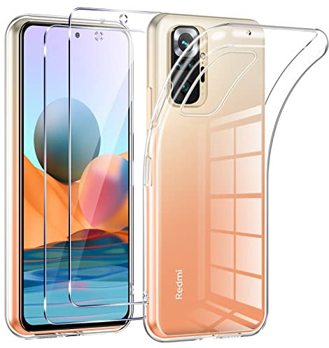 Phoona HandyHülle für Xiaomi Redmi Note 10 Pro/Note 10 Pro Max Hülle mit 2 Stück Panzerfolie,Dünne Weiche TPU Silikon Transparent Stoßfest Schutzhülle für Redmi Note 10 Pro Hülle Klar Kratzfest