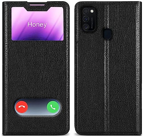 Cadorabo Hülle kompatibel mit Samsung Galaxy M21 / M30s in KOMETEN SCHWARZ - Schutzhülle mit Magnetverschluss, Standfunktion und 2 Sichtfenstern