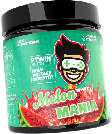 FTWIN HIGH VOLTAGE BOOSTER | Für GAMER und E-SPORTLER | REFLEX – FOCUS – ENERGY – ENDURANCE | 320 g = 40 Portionen (320 g, Melon Mania)