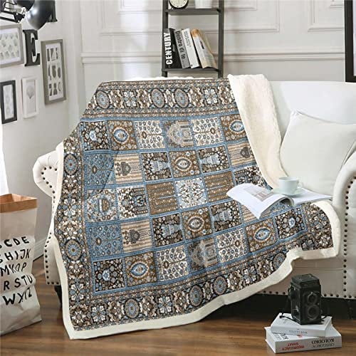 Orientalische Sherpa Decke Vintage Patchwork Decke, Braune Persische Wurf Decke für Stuhl 229x229cm Boho Mandala Vlies Decke, Ästhetische Hippie Plüsch Decke für Kinder Kleinkind Zimmer Dekor