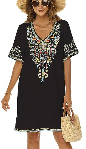 drakloak Damen Bohemian Stickerei Kleid Boho Mexican Peasant Dress Hippie Bohemian Kleider Kurzarm(445 BK L)