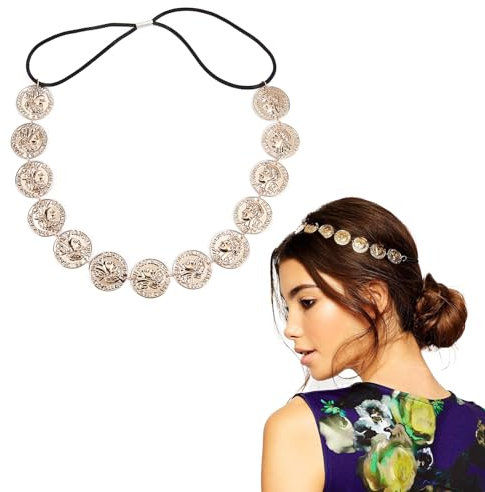 NICENEEDED Serre-Tête Bohème avec Pièces D'Or, Chaîne Élastique de Charme de Cheveux de Front pour la Décoration de Couvre-Chef, Bandeau de Bijoux de Tête en Alliage Vintage pour Femmes et Filles
