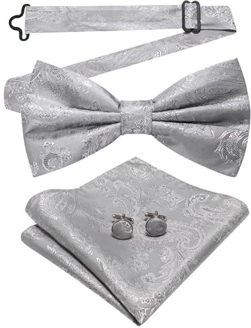 JEMYGINS Herren Fliege mit Cashewblütendesign Retro-Design mit Manschettenknöpfen und Einstecktuch,Silber