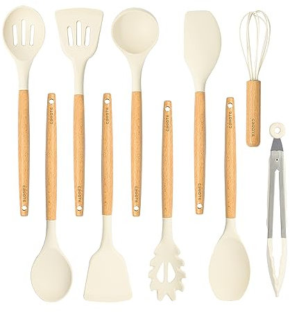CAROTE Ustensiles de Cuisine Silicone et Bois 10 Pièces, Antiadhésive Anti-Rayures Cuisine Accessoires, Résistant à la Chaleur, Poignée Anti-Casse, Sans BPA, pour Toute la Famille