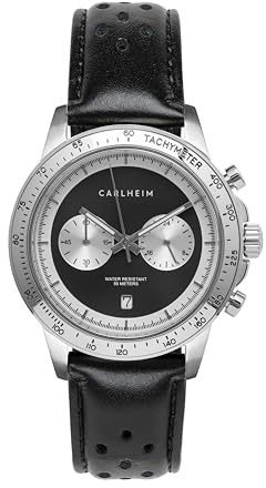 Carlheim Men's Watches Aksel 4005 Silver Black Leather Tachymeter Racing