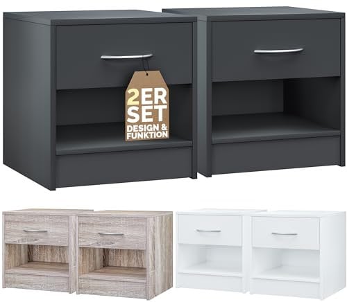 Casaria® 2X Table de Nuit Table de Chevet Anthracite avec tiroir poignée en Aluminium mobilier Chambre à Coucher 39x28x41cm