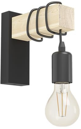 EGLO Wandlampe innen Townshend, Vintage Wandleuchte mit Holzbalken, Retro Wand Lampe aus Holz und Metall in Schwarz, E27, FSC zertifiziert