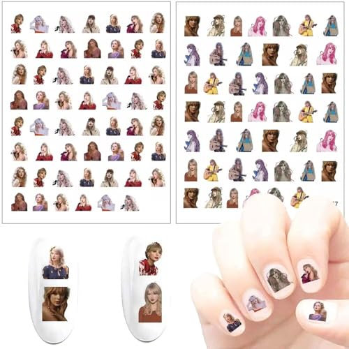 Yangsiw Taylor Nail Sticker, Cute Cartoon Nail Art Decals, 3D Self-Adhesive Nail Stickers, Kawaii Designer Anime Nail Stickers for Girls, Children, Women, Manicure Tips, Decoration (2 Sheets)