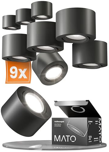 MATO 9x LED Aufputz Spots schwarz - extra flach & schwenkbar - Ø80x50mm - Aufputz Strahler Decke inkl. 5W LED Modul 230V - 4000K neutralweiß - Deckenspots, Aufbaustrahler, Aufputz Deckenstrahler LED