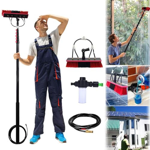 Kit Pulizia Pannelli fotovoltaici Estensibile 3.6-10.8M , dosatore di sapone,per Lavaggio Finestre Camion | Scopa per Pannelli fotovoltaici | Spazzola per Pannelli Solari (35cm Brush,5.4M)
