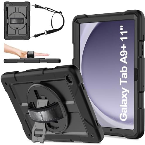 TOPWANT Case for Samsung Galaxy Tab A9 Plus 11 Inch 2023 (SM-X210/X216/X218), Heavy Duty Shockproof Case with 360° Rotating Stand, Hand Strap, Shoulder Strap, Black