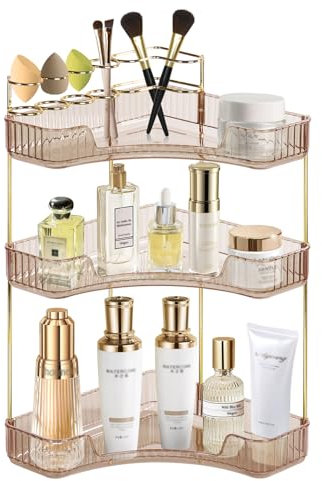 Cosmetic Display Cases Makeup Organizer: Large Capacity Stackable Corner Makeup Shelf Bathroom Cosmetic Holder Top Tier with Divider Brush Skincare Display box,Fits Perfume(3-Tier,Amber Gold)