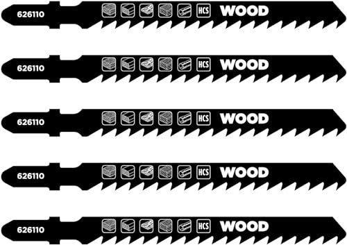 kwb 5x Stichsägeblätter für Holz, extra grob, 100 mm (geeignet für Hartholz, Weichholz, Tischlerplatten, Kunststoffe, HCS-Kohlenstoffstahl, gehärtete Zähne, polierte Oberfläche, T-Aufnahme)