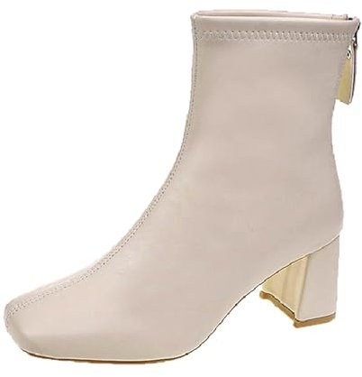 Generico Stivali Tacco 5 Cm Stivaletti Donna Primavera Stivaletti da Donna Autunno e Inverno semplici Tinta Unita Comoda Punta Quadrata Tacco Cerniera Stivali Polpaccio XXL Stivali per (Beige, 34)