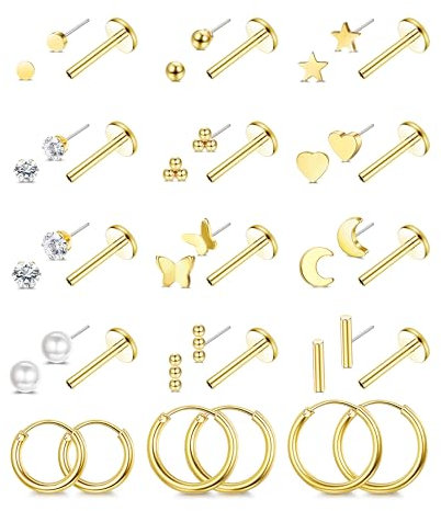 Milacolato Helix Piercings Tragus Piercing Chirurgenstahl Nasenpiercing Stecker Gewindeloses Einstecken Labret Medusa Flatback Ohrstecker Creolen Knorpel Piercing Ohr Gold