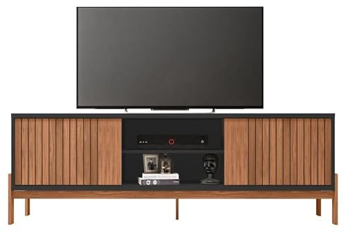 Meuble TV 72 Pouces Chêne et Noir 2 Portes 4 Niches L 180.6 H 62.6 P 36 cm