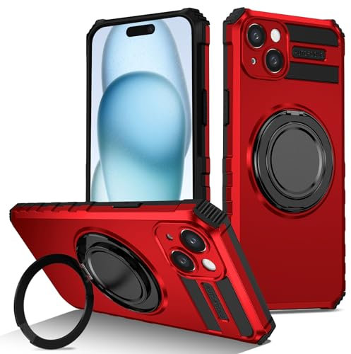 Kainevy for iPhone 14 Plus Case with Metal Stand Ring for MagSafe Silicone&PC Shockproof Cover for Apple iPhone 14 Plus Phone Case Heavy Duty Magnetic Military Grade Hard Rugged Case (Red)